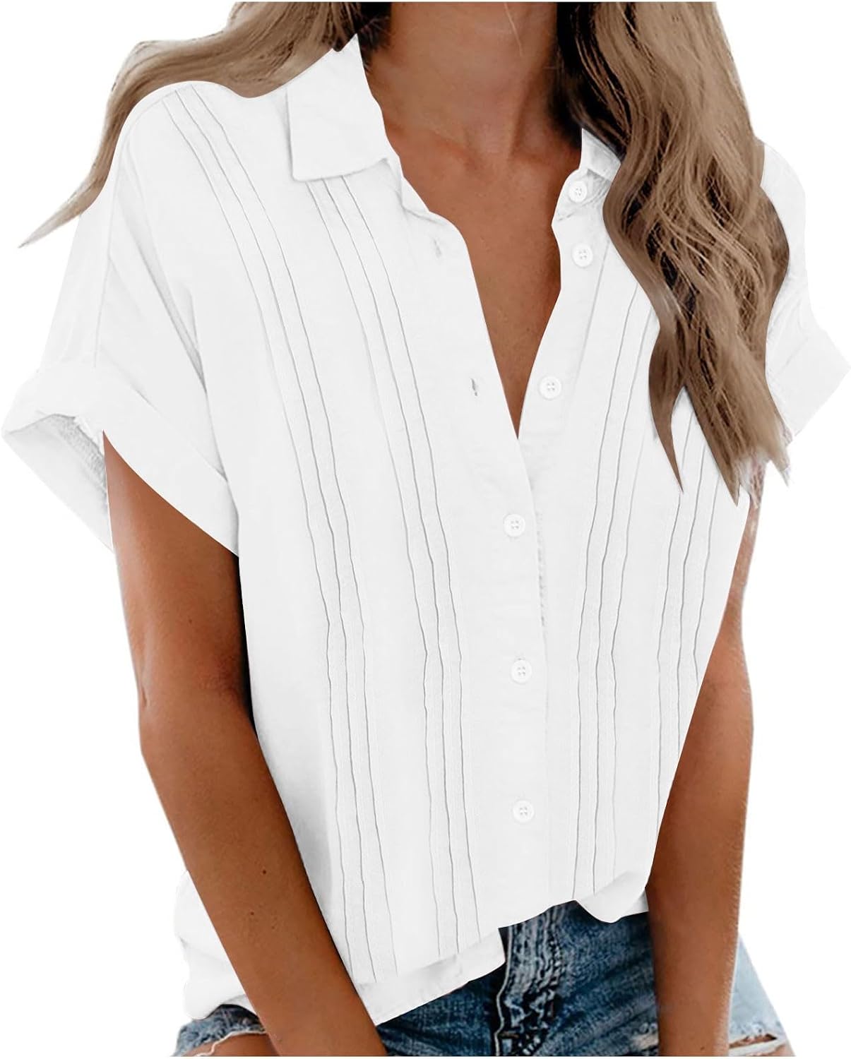 Women's Casual Button Down V Neck Short Sleeve Tops Pleated Blouses Loose Fit Summer Tees 2026 Stylish Fashion Shirt
