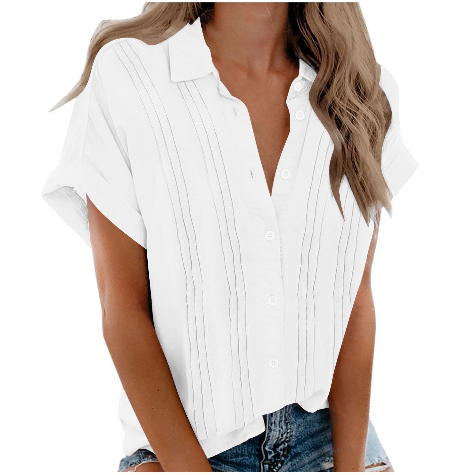 TRIGLICOLEUM Blusas y túnicas para mujer con botones blusa de moda monocolor blusa verano manga corta camiseta ligera tallas grandes blusas mujer blusa casual tops cuello solapa camisas blusa larga