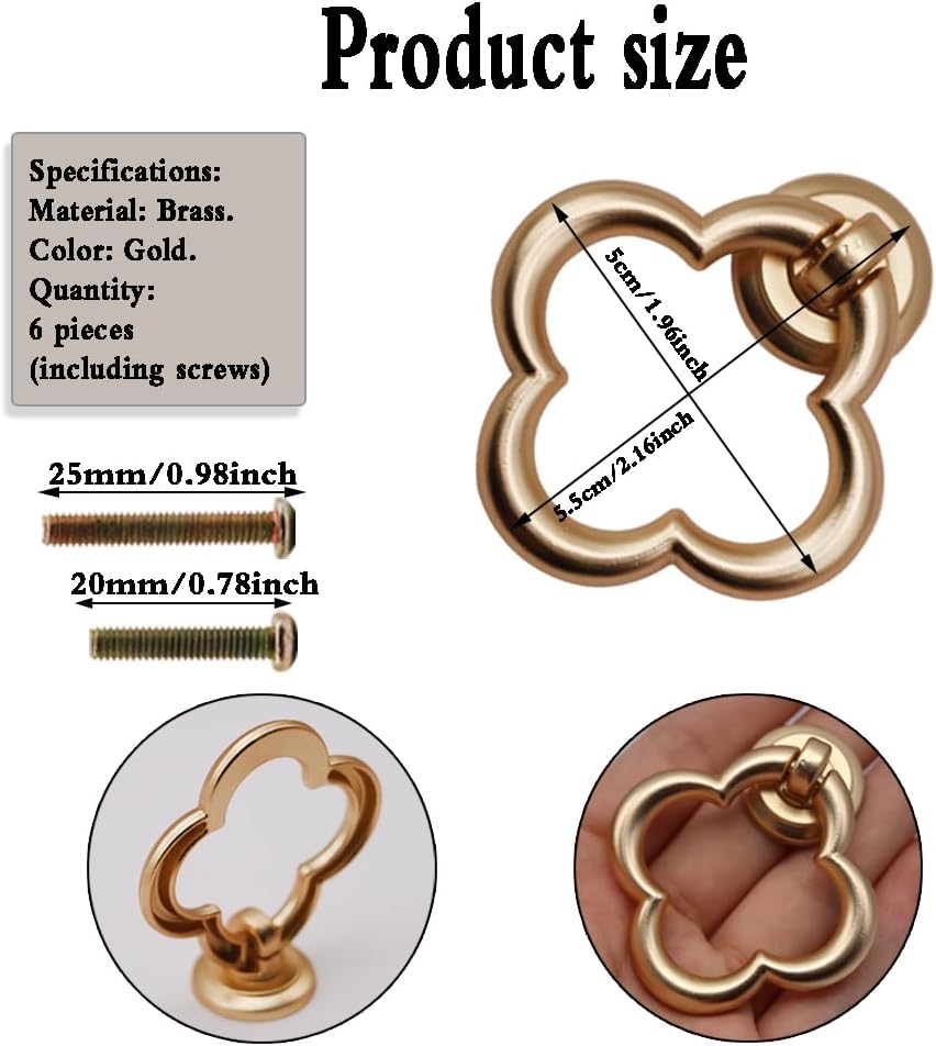 6Pcs Gold Cabinet Knobs, 2" Leaf Drawer Pulls, Light Luxury Style Cabinet Handles, Gold Brushed Single Hole Pull, Furniture Hardware Handle for Home Kitchen Office Dressers Cupboard Decor