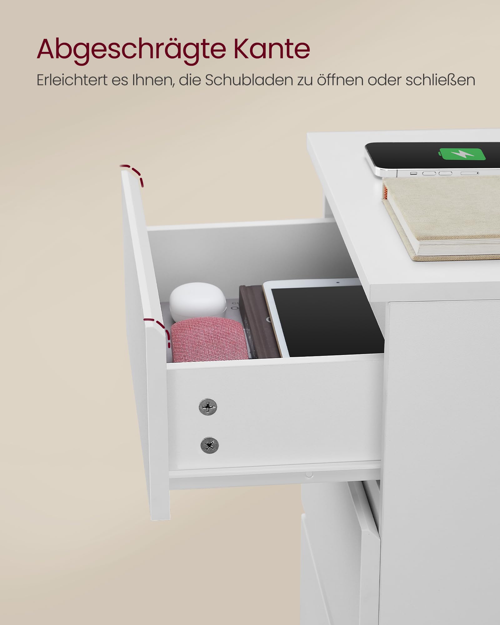 VASAGLE Kailyn Kollektion - Nachttisch mit Steckdosenleiste, 2er Set, Beistelltisch, 3 Schubladen, 2 AC-Steckdosen, 2 USB-A-Anschlüsse, modern, wolkenweiß LET831W14