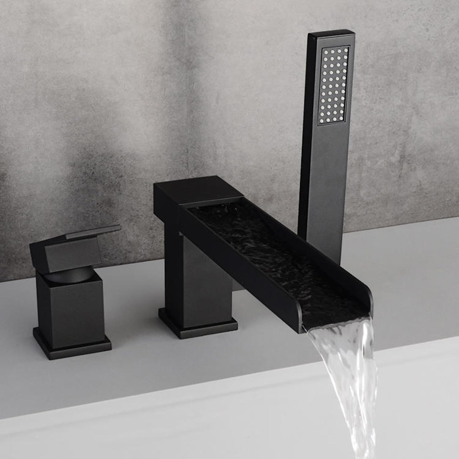 Mitigeur de bain-douche cascade à 3 trous en laiton noir avec douchette extractible