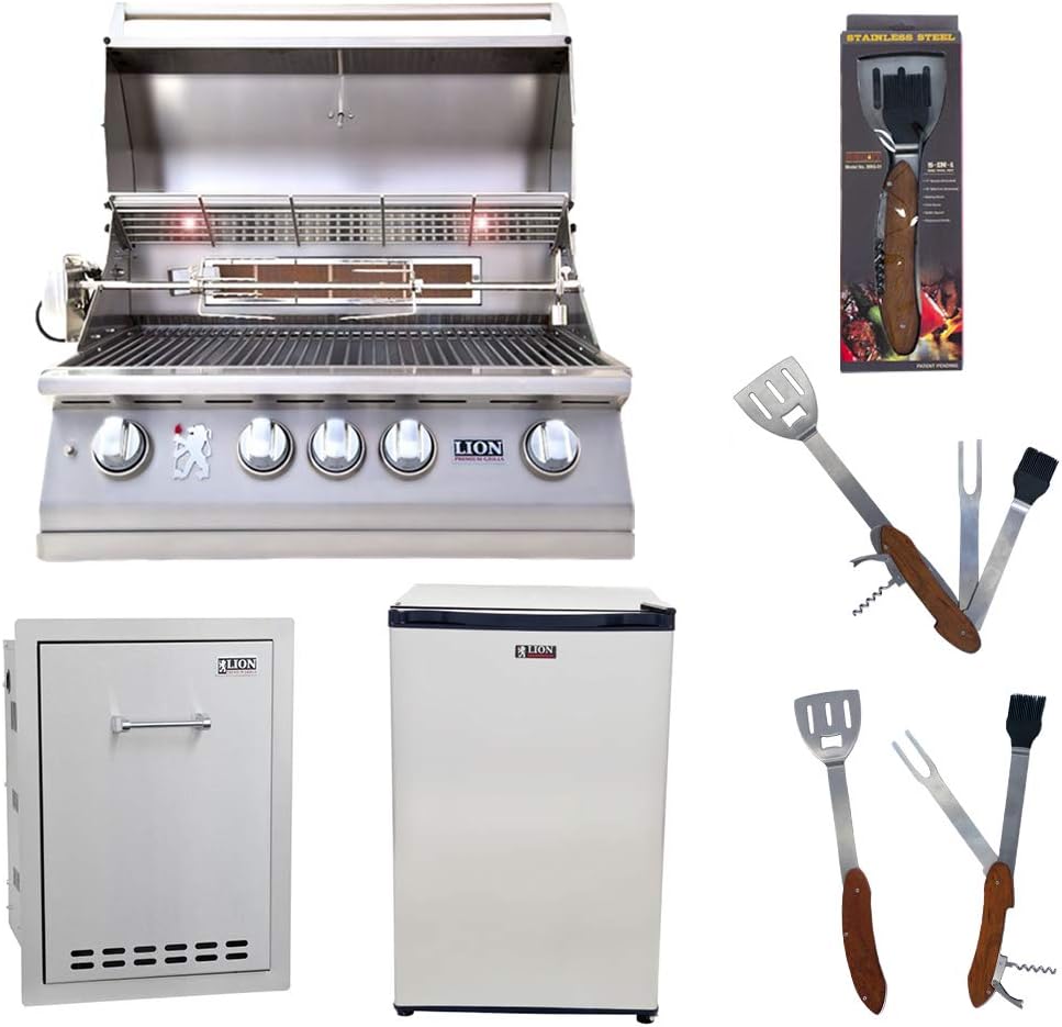 Lion Premium Grills 32-Inch Natural Gas Grill L75000 with Lion Multi-Functional Drawer and Lion Refrigerator Package Deal with 5 in 1 BBQ Tool Set