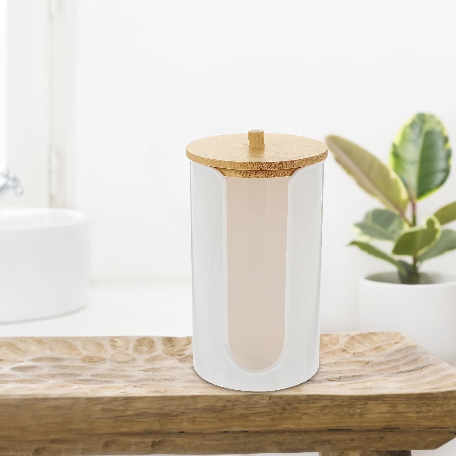 Bathroom Cup Dispenser Holder with Bamboo Lid Plastic