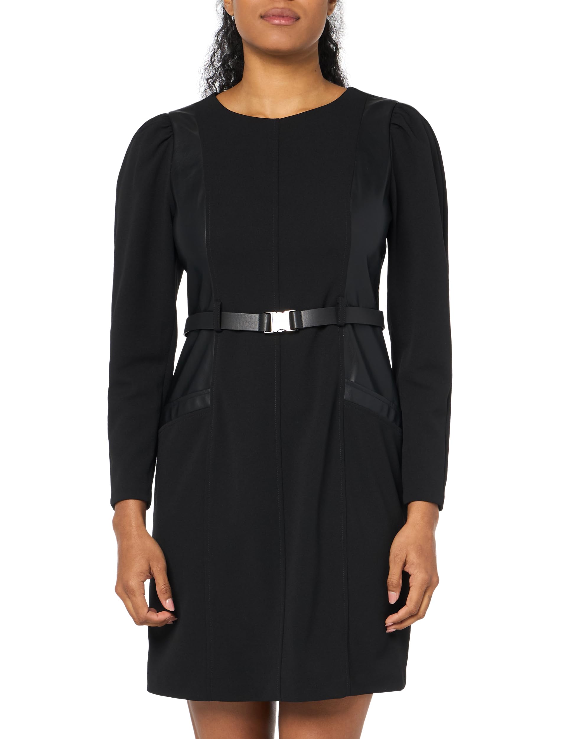 DKNY Buckled Belt Mix Media Long Sleeve Dress Vestido para Mujer