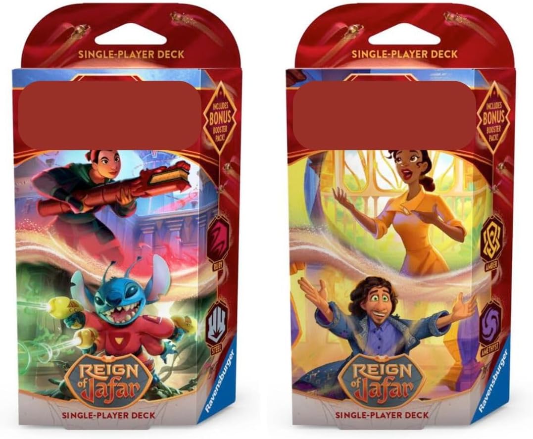 CE Lorcana TCG: Reign of Jafar: Starter Decks: Both Ruby & Steel (Mulan & Stitch) and Amber & Amethyst (Tiana & Bruno) (2 Decks)