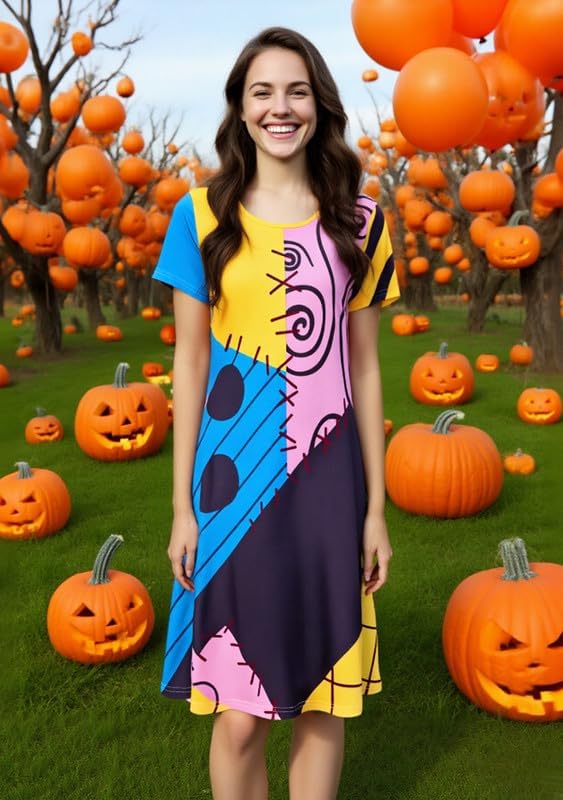 Sally Dress Adult Women Halloween Funny Cosplay Sally Costume Short Sleeve Party Casual Tunic Dress - Image 4
