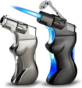 Torch Lighter, 2 Pack Jet Flame Lighters, Cool Windproof Lighter with Visible Fuel Tank, Adjustable Flame Candle Lighter, Refillable Butane Lighter for Outdoor, Indoor Without Butane