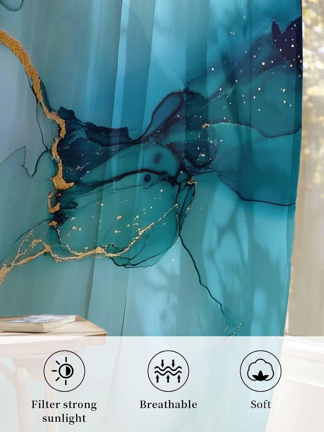 Teal Blue Marble Sheer Curtains 84 Inches Long, Abstract Art Light Filtering Window Curtains for Living Room/Bedroom, Modern Marble Crack Rod Pocket Voile Sheer Drapes, 52"W x 84"L, 2 Panels