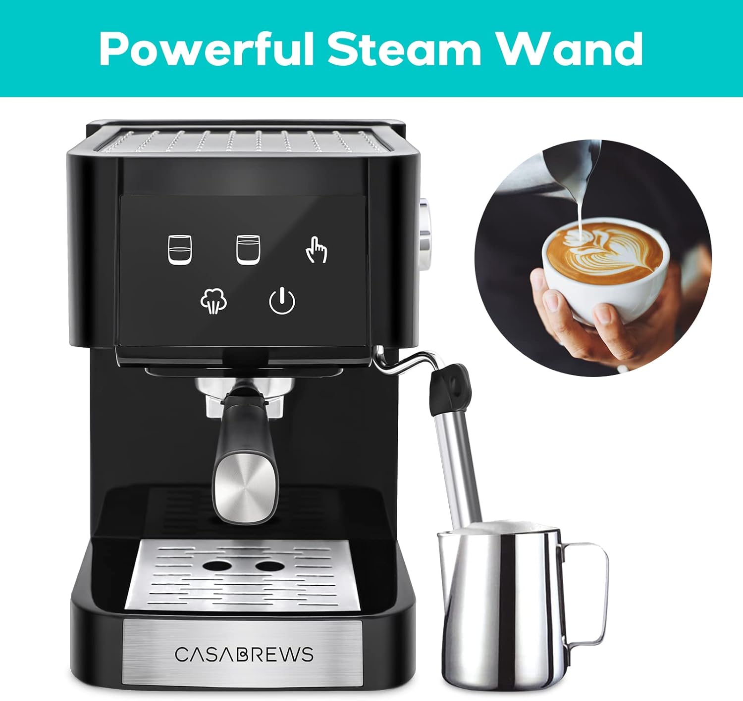 Espresso machine with steam wand frothing milk in a pitcher