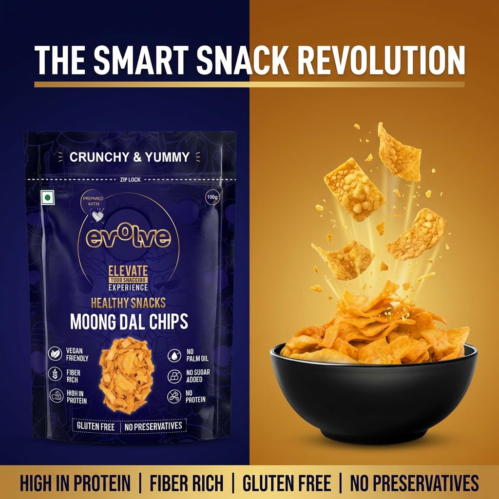 Evolve Moong Dal Chips Healthy Snacks | Roasted, Gluten Free Snacks, No Palm Oil & Artifical colors, Moong Dal Snack, Peri Peri Flavor - 100gm Pack of 2 1