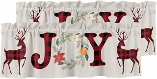 Christmas Reindeer Joy Valance for Window Flower Wreath Plaid Vintage Linen Kitchen Valance Rod Pocket Short Curtain Topper Decorative Window Treatment for Living Room Bedroom 42"x12"