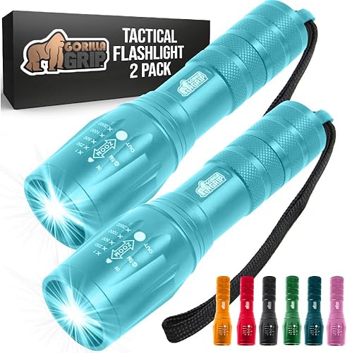 Gorilla Grip Paquete de 2 linternas tácticas LED de mano, altos lúmenes, ultra brillantes, 5 modos, resistente al agua de larga duración, linternas