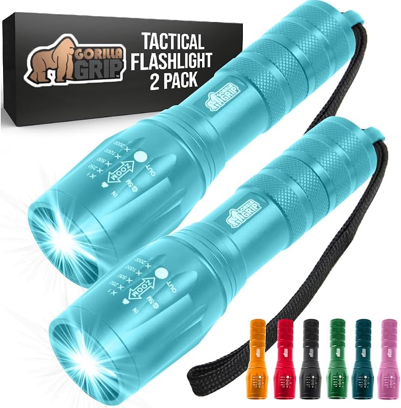 GORILLA GRIP Potente linterna táctica LED de mano, 750 pies de alto lúmenes, 5 modos ajustables, resistente al agua, linternas con zoom ultrabrillantes, pequeño mini, camping, paseo nocturno para perros, paquete de 2 turquesa