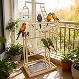 Parque de Juegos de Loros, 48 x 35 x 95 cm Soporte de Madera para Pájaros de 4 Capas con Comederos de Acero Inoxidable Cadena de Plástico de Colores Bandeja de Metal Extraíble para Loros y Otras Aves