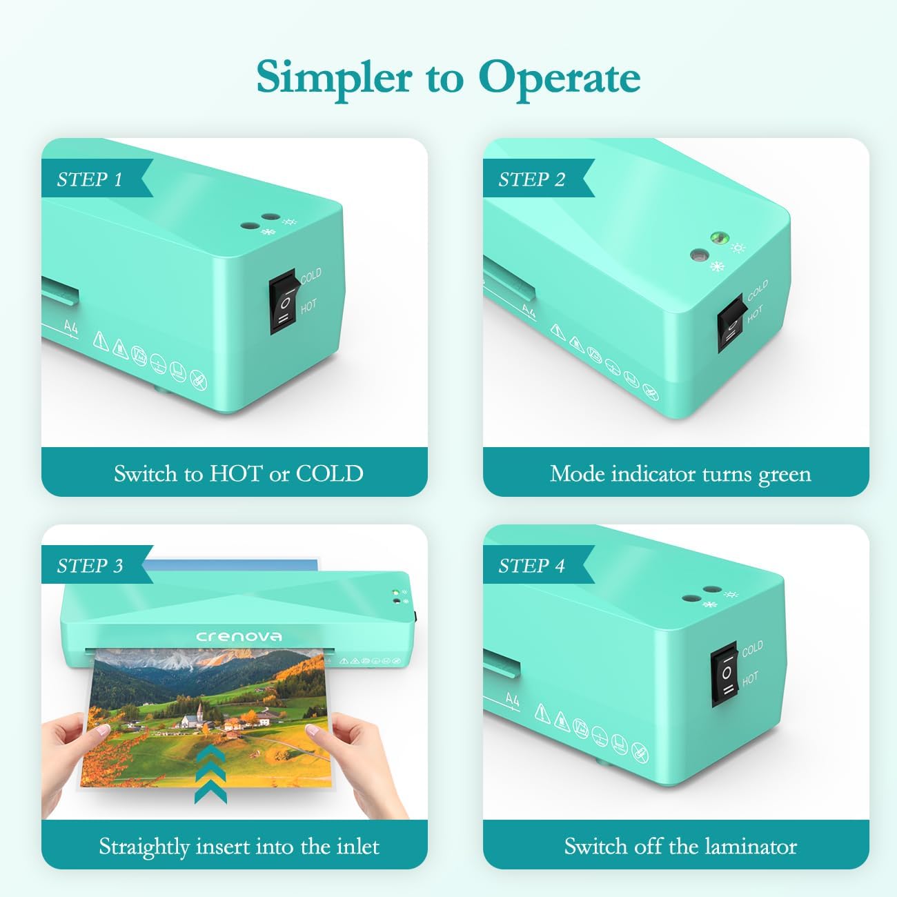 Four-step diagram showing how to operate the laminator: 1. Switch to HOT or COLD, 2. Mode indicator turns green, 3. Straightly insert into the inlet, 4. Switch off the laminator.