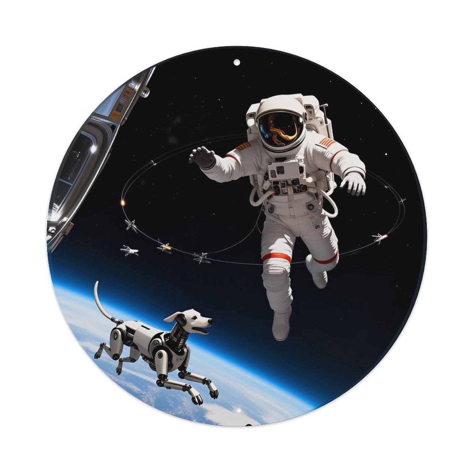Astronaut And Robot Dog Space Vintage Metal Tin Sign Retro Wall Decor for Home Bar Garage Cafe, Indoor & Outdoor Decorative，circle Metal Poster, 8x8 Inch