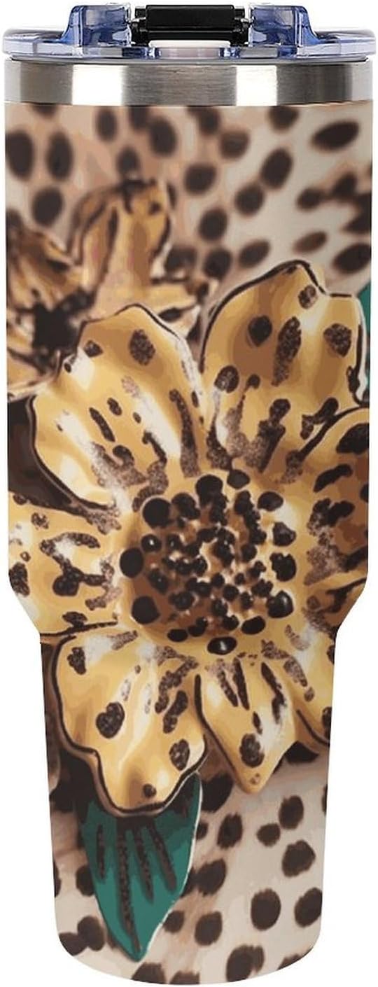40 Oz Insulated Mug with Handle, Stainless Steel Vintage Leopard Flower Printed Travel Mug Portable Leak-proof Large Car Mug for Home, Office Or Car