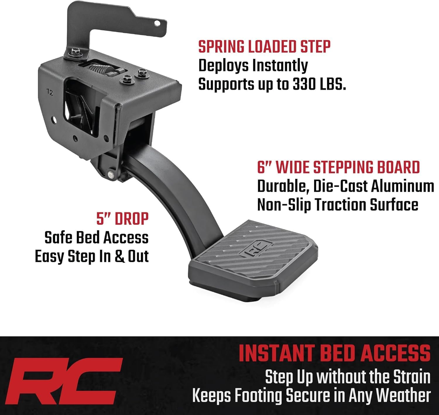 Rough Country Retractable Bed Step for Toyota Tacoma (2024-2026) - Manual Tailgate Drop Step, 6" Non-Slip Step Surface, Bolt-On Install