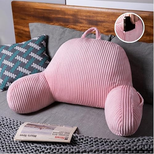 Almohada de lectura para sentarse en la cama, almohada de franela para sentarse con brazos y bolsillos y funda lavable, soporte de espalda suave