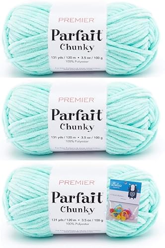Premier Yarns Parfait Chunky - 3.5 oz - Peso súper voluminoso #6 - Paquete de 3 paquetes con marcadores de puntada Bella's Crafts (Seaglass)