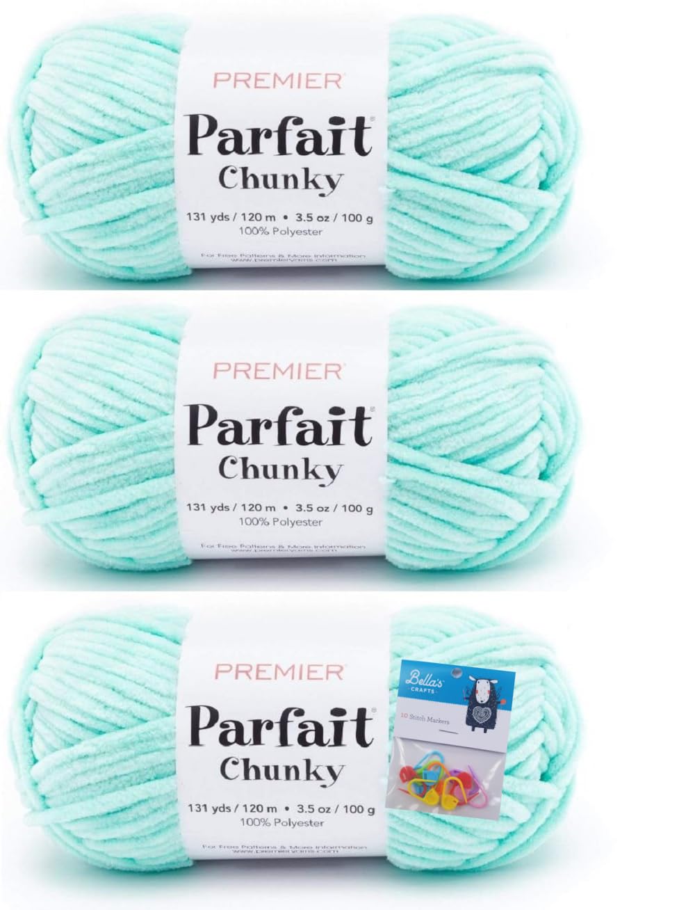 Premier Yarns Parfait Chunky Chenille Yarn 3.5 Oz 6 Super Bulky Weight 3 Pack Bundle with Bella's Stitch Place Holders (Seaglass)