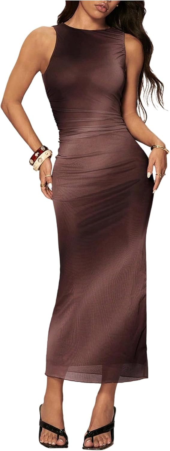 Women's Tie Dye Bodycon Tank Dresses Mesh Ruched Sleeveless Crew Neck Pencil Evening Party Cocktail Long Dress