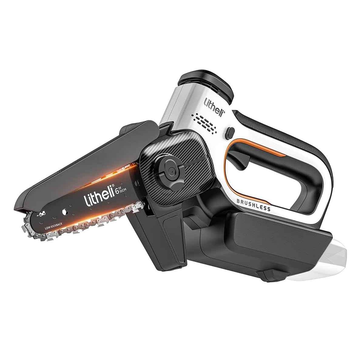 Litheli Mini Motosierra Batería para Poda, Motosierra Eléctrica Brushless de 15 cm con Lubricación Automática, Motosierra de Mano con Diseño de Seguridad para Corte de Madera y Jardín (Sin Batería)