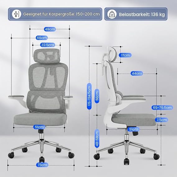 FLEXISPOT Ergonomic Office Chair Desk Chair with 2D Headrest Folding Armrests & Dynamic Lumbar Support Chair with 120° Rocker Function for Home Office Study Office (White)
