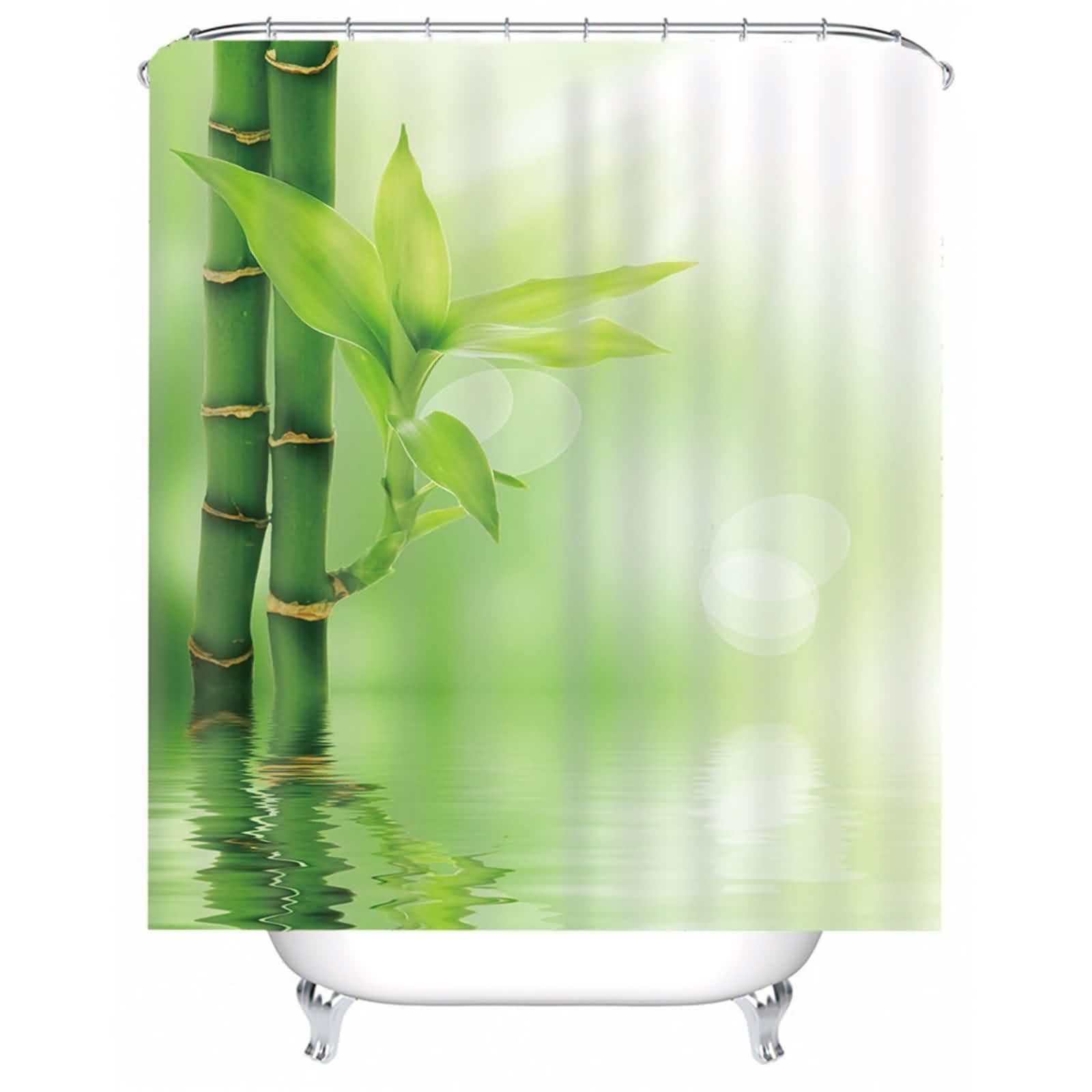 Rideau de douche en tissu polyester vert imperméable lavable avec anneaux pour salle de bain
