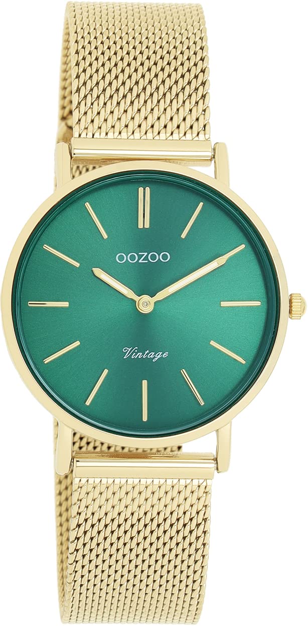 Oozoo Orologio vintage da donna in oro/verde, orologio da polso da donna con cinturino in metallo milanese – analogico da donna rotondo, Oro/verde, 32mm Gehäuse/16mm Armbandbreite