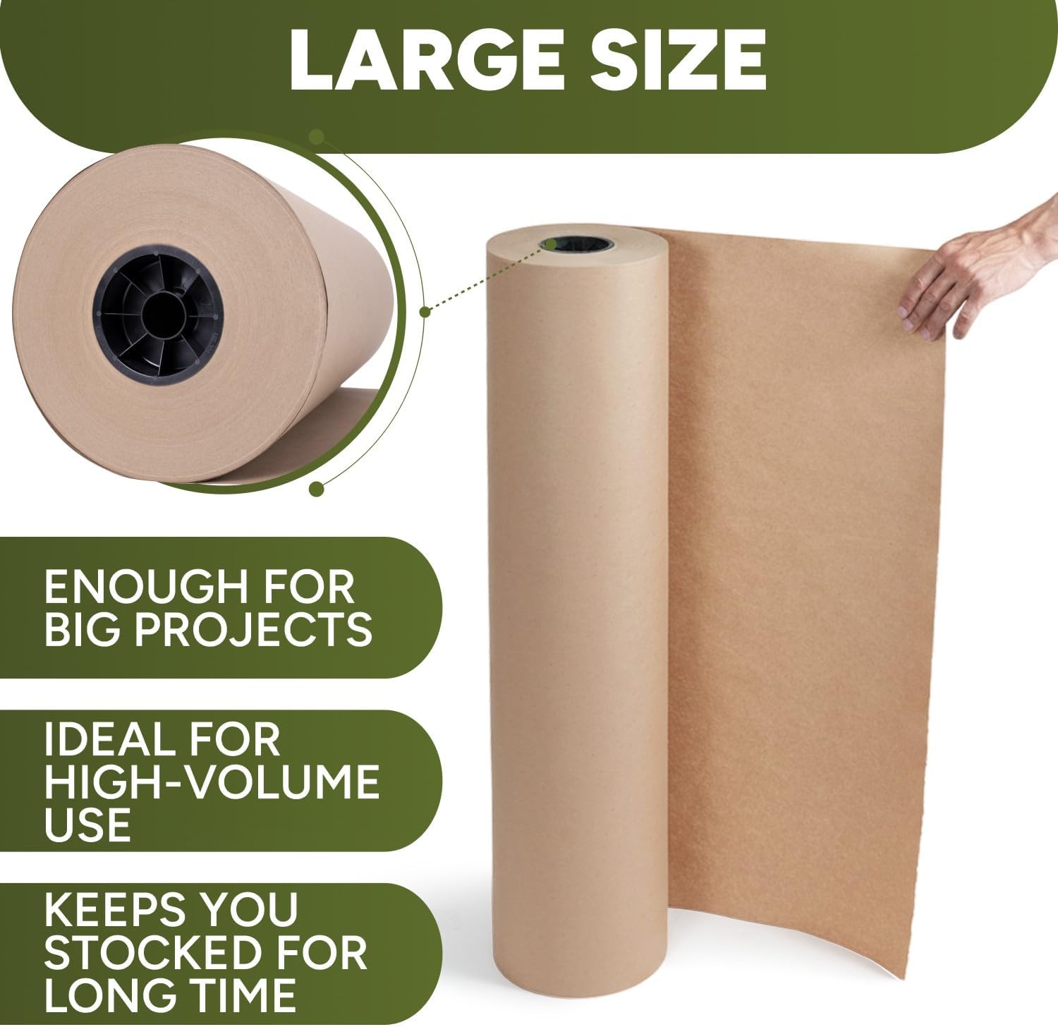 Natural Brown Kraft Packing Paper Roll, 36" x 5700" (475 feet), 75 Lb Extra Heavy-Duty (Grocery Bag Grade) – Made in USA Large Size Roll of Brown Wrapping Paper, 3-inch Core – for Packaging, Shipping