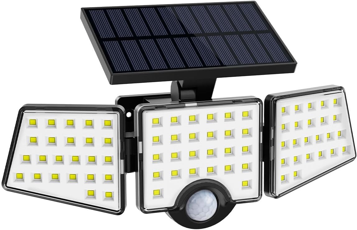 LE Luce Solare LED Esterno, Lampada Solare con Sensore di Movimento 3 Teste, Illuminazione a 270° 6500K e IP65 Impermeabile, Faretti LED Solari da Esterno Ruotabile a 360° per Parete Giardino Garage
