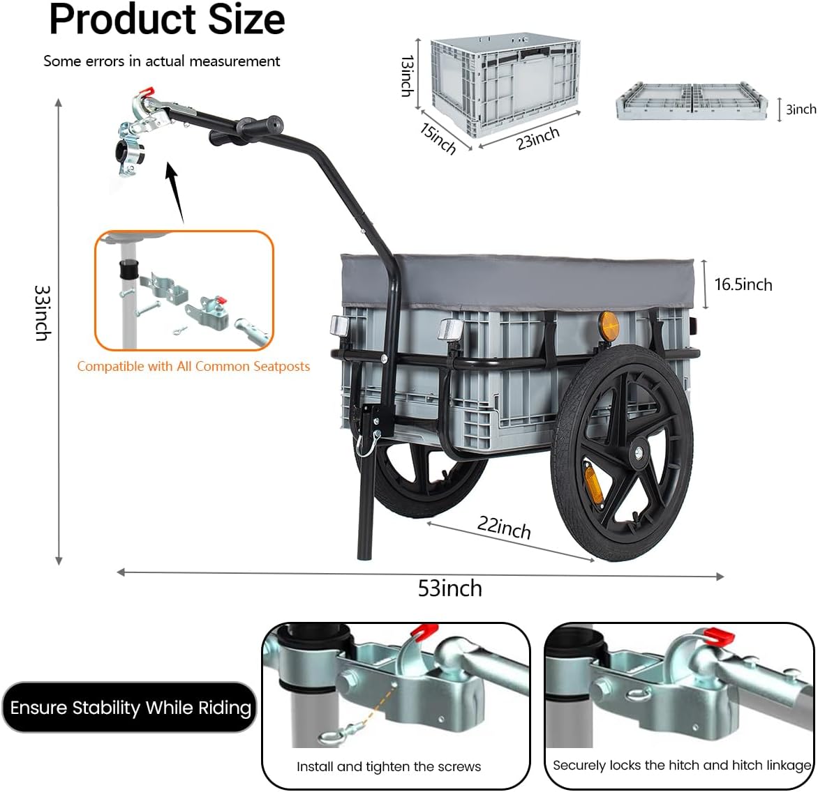 Heavy-Duty 2-in-1 Bike Cargo Trailer with 70L Foldable Storage Box, Waterproof Removable Cover – Perfect for Outdoor Adventures, Camping, and Grocery Hauling
