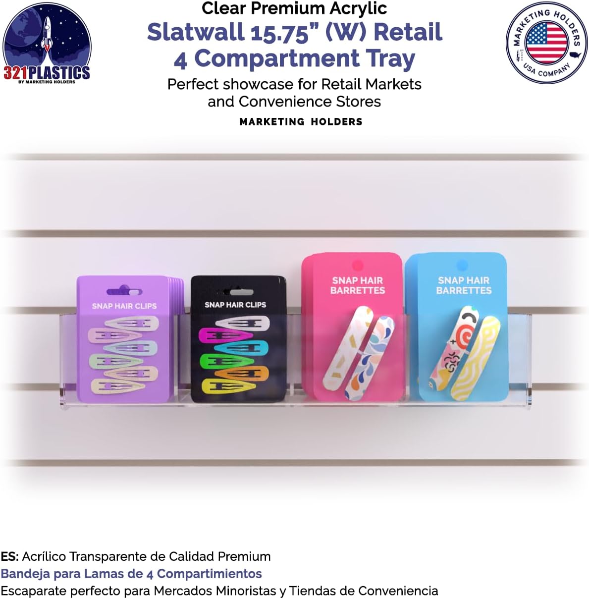6 Pack Slatwall Acrylic Retail Tray Four Compartment 15.75" Wide x 4.75" Deep Dump Bin Clear Product Merchandise Display Storage Caddy for Businesses by Marketing Holders