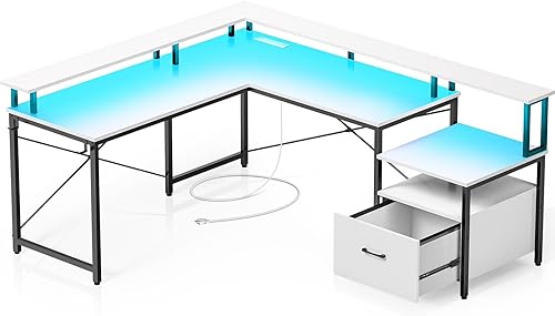 Rolanstar Escritorio para computadora con toma de corriente y tira LED y cajón de archivos, escritorio de esquina reversible en forma de L de 68