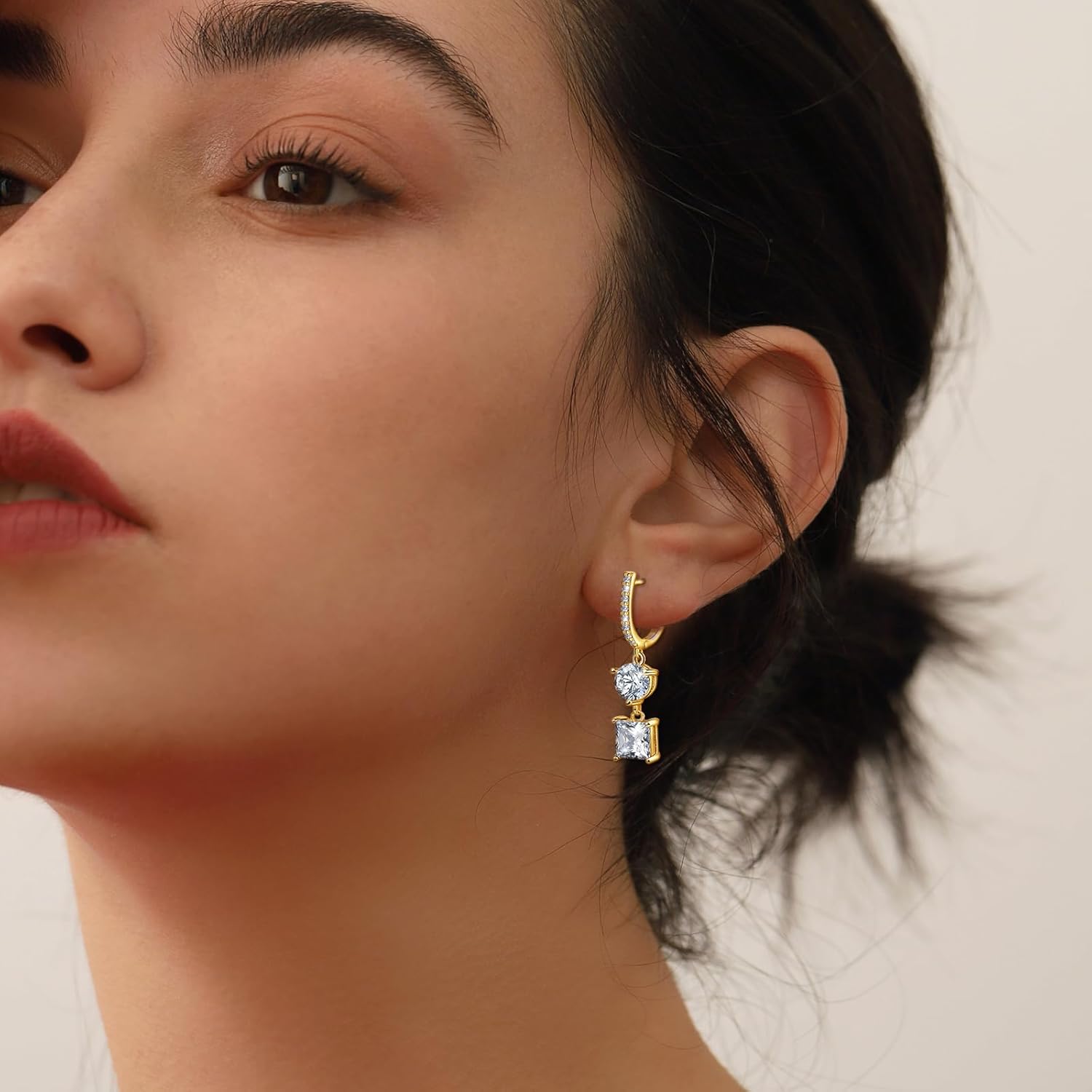 Cubic Zirconia Dangle Earrings - Sterling Silver Gold Dangling Hoop Earrings for Women Hypoallergenic Sparkly CZ Dangly Earring for Sensitive Ears Dainty Elegant Jewelry Gift for Her Wife Mom Bride - Image 3