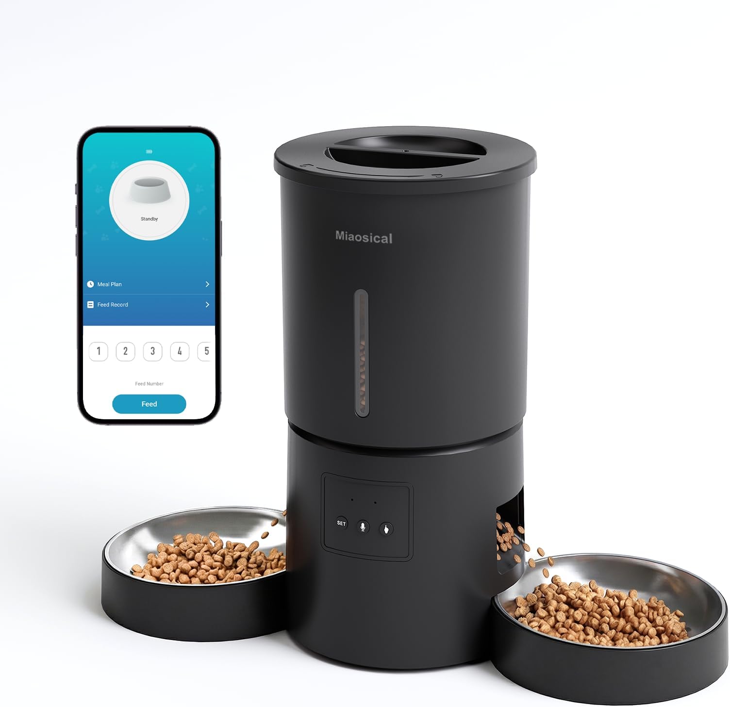 Automatic Cat Feeder for 2 Cats,WiFi Smart App for Remote and Scheduled Feeding, 4.2L Large Storage, 6 Daily Meals with 12 Portions, Dual Power Design (Black, 4.2L WiFi Dual Bowl)