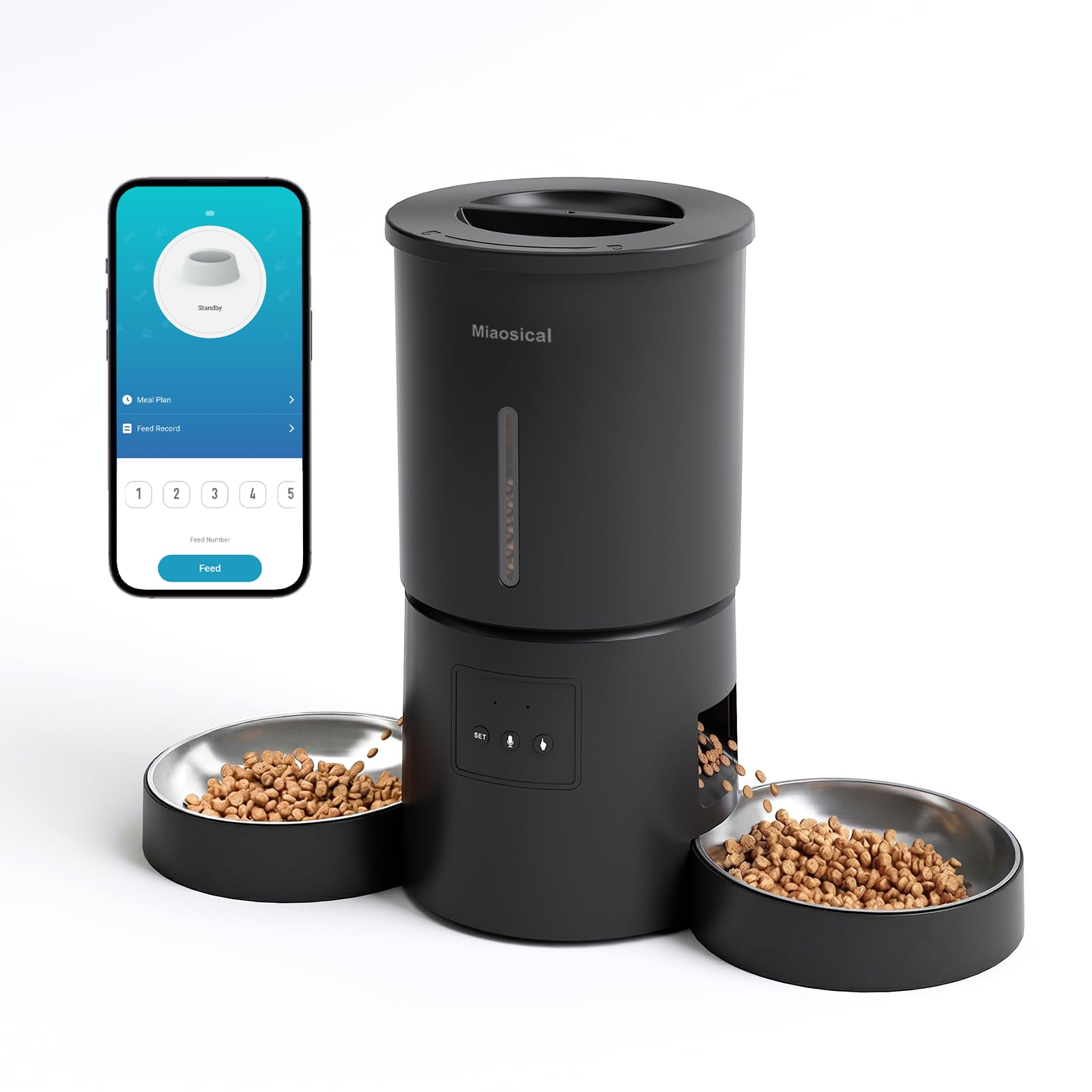 Miaosical Automatic Cat Feeder 2 Cats,2.4G WiFi Timed Auto Cat Food Dispenser with Dual Bowls,4.2L Smart App Control,Equal Portion Feeding for Multiple Cats (Black, 4.2L WiFi Dual Bowl)