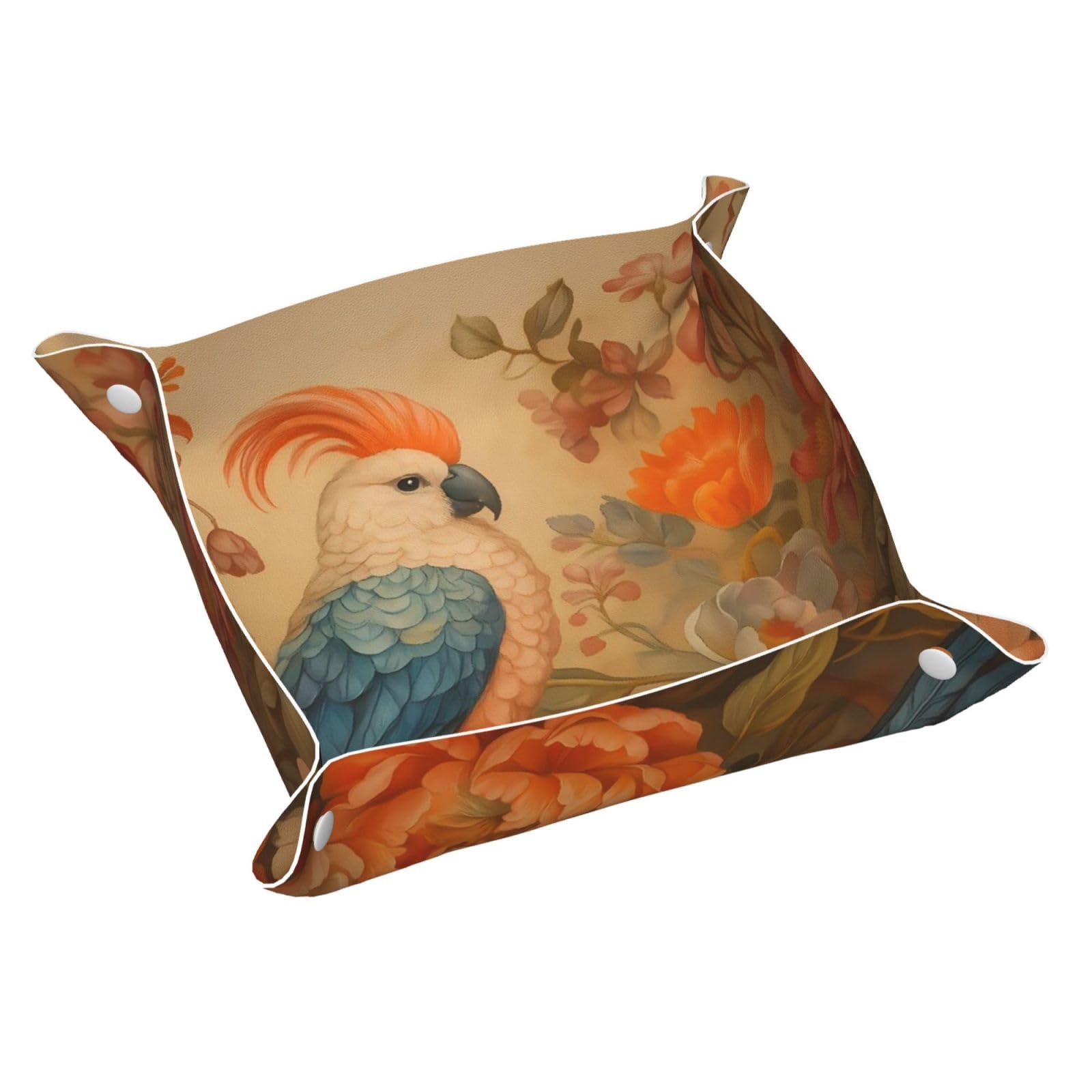 HLBSDM Parrot on Elegant Floral Branch Tray Men's Leather Valet Parking Portable Entrance Trays Bedside Storage Box