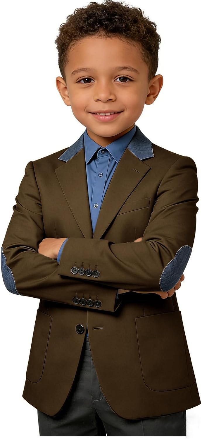 VENNYNG Boys' Linen-Blend Jacket with Denim Collar & Elbow Patches Lightweight Coat for Sping Summer