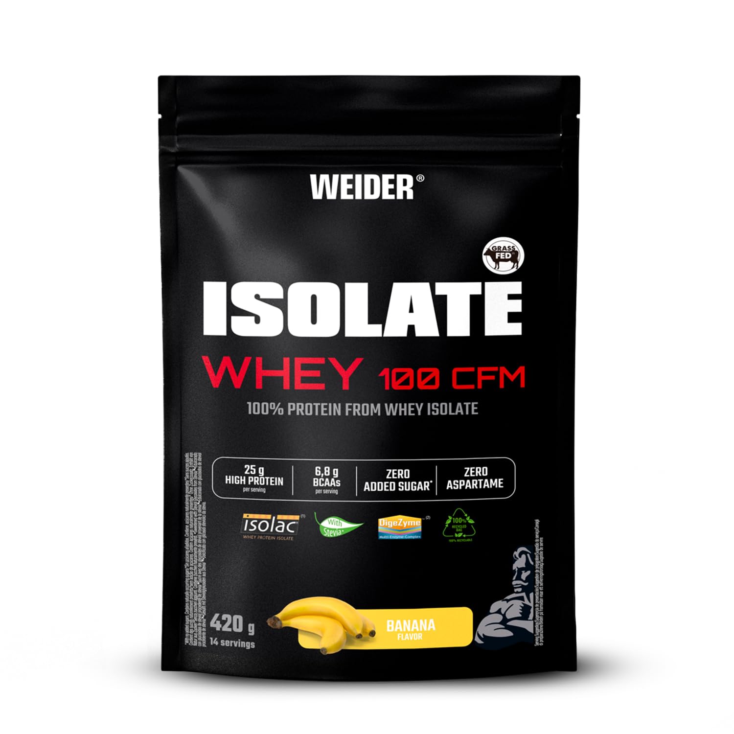 Weider Isolate Whey 100CFM (420g) Banana Flavour, Protein 100% Isolate Whey from Isolac®, 25g Protein/Portion, with Digestive Enzymes Digezyme®, No Added Sugar, No Aspartame, Low Fat, 14 Servings