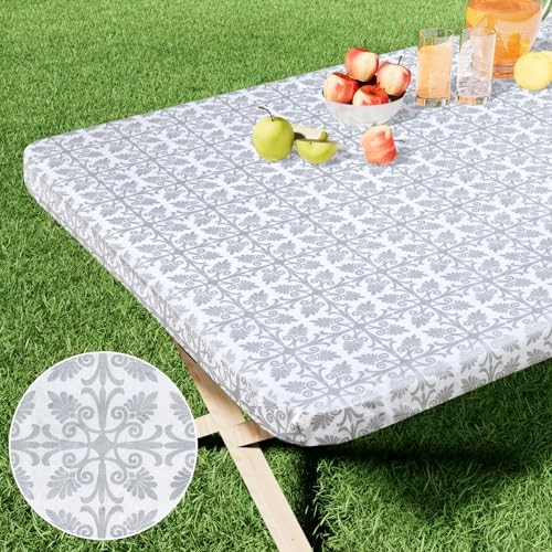 misaya Rectangle Vinyl Table Cloth, Elastic Fitted Flannel Backed Tablecloth, 100% Waterproof Plastic Table Cover Fits 6 Foot Folding Tables for Picnic, Camping, Outdoor (Sliver Grey, 30" x 72")