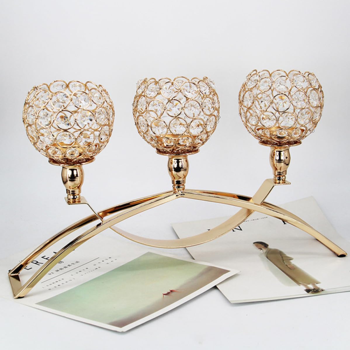 Candélabre de Table à 3 Bras en Métal et Cristal, Arche Décorative