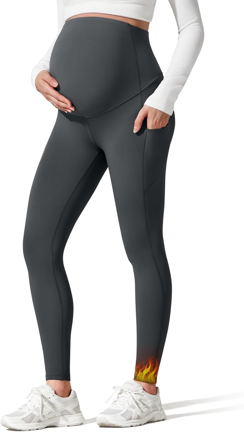 G4Free Barefeel Fleece Lined Maternity Leggings with Pockets Over The Belly Pregnancy Yoga Pants