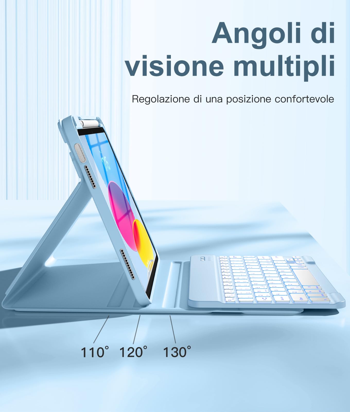 Vobafe Cover iPad A16 11 10 Generazione con Tastiera (11/10.9 Pollici, 2025/2022), Italiano QWERTY con 7 Colori Illuminato, Senza Fili Staccabile Custodia Tastiera con Portapenna, Blu Chiaro