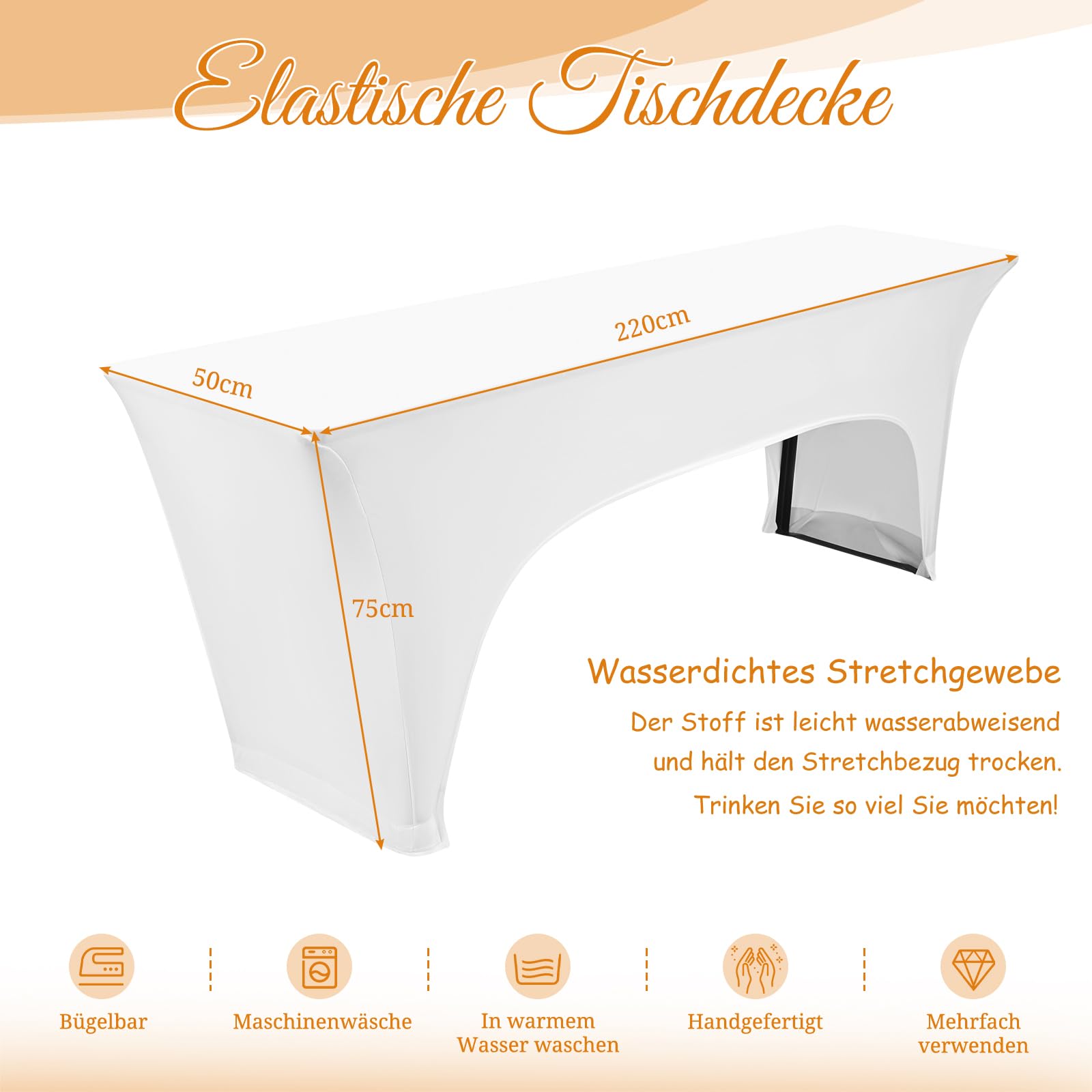 Teruntrue Copritavolo per tavolo da birra, impermeabile, impermeabile, 220 x 50 cm, nella parte inferiore ci sono 4 tasche per piedi, lavabile, per banchetti all'aperto (bianco)