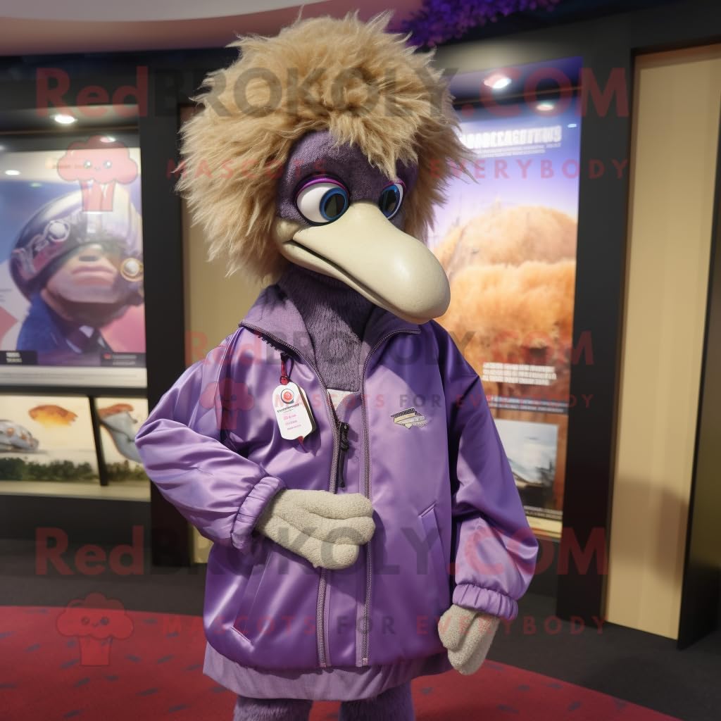Purple Emu mascot costume character dressed with a Windbreaker and Tie pins, Large