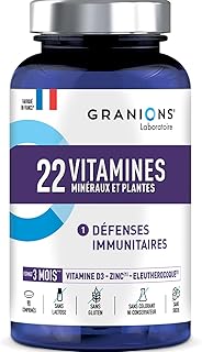GRANIONS 22 VITAMINES - Multivitamines et Minéraux - Immunité Adulte - Magnesium, Zinc, Vitamine B12, Vitamine D3 - Vitamines, Minéraux - 90 Comprimés FORMAT 3 MOIS - Fabriqué en France