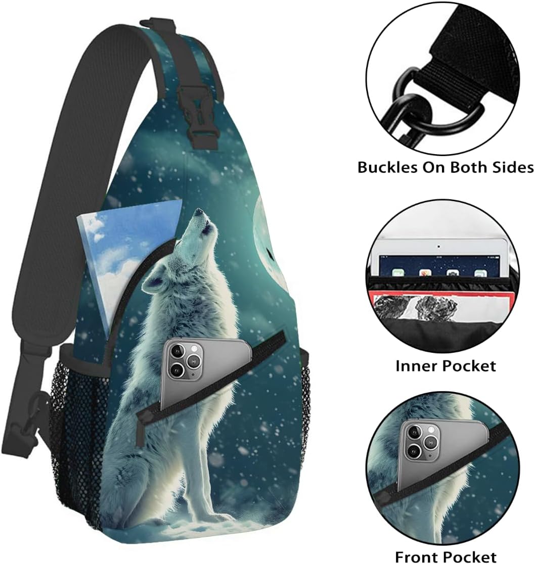 Small Animal Snow Wolf Sling Bag for Women Men Lightweight Chest Bag Crossbody Daypack Anti Theft Shoulder Backpack with Adjustable Shoulder Strap for Outdoors Sports Hiking Travel
