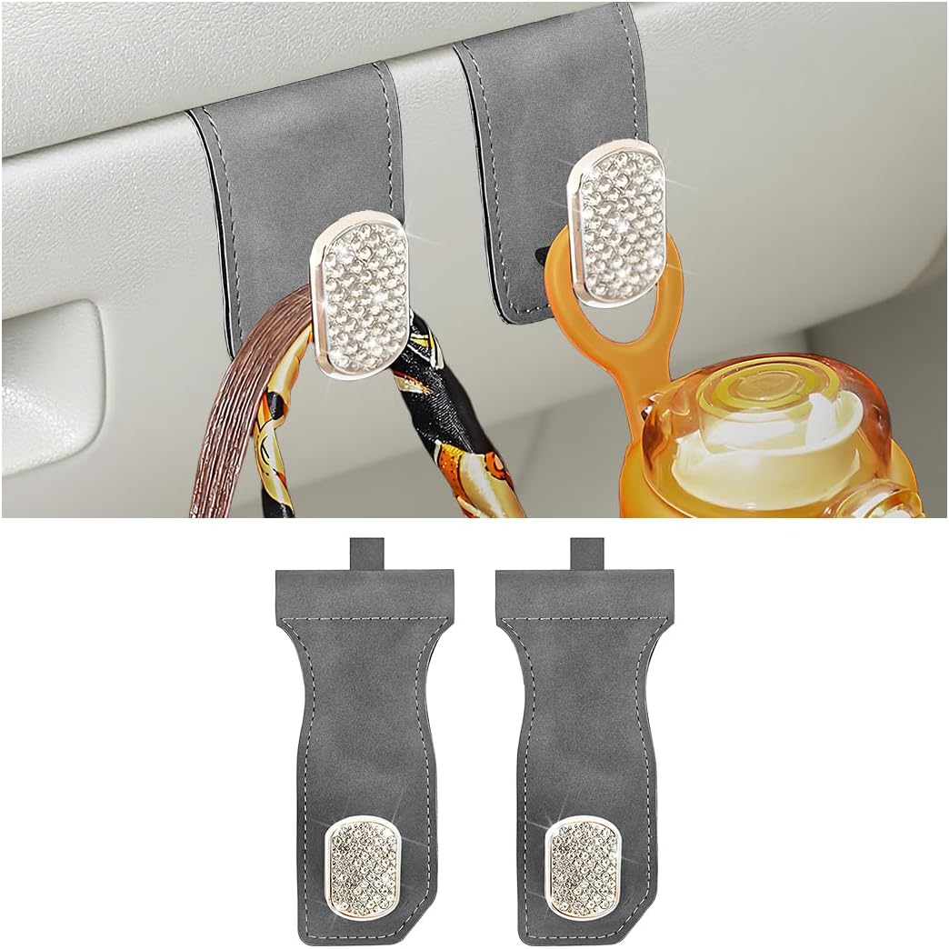 Bling Car Co-Pilot Glovebox Hook, 2PCS Crystal Rhinestone Vehicle Passenger Seat Hanging Storage Hooks for Handbag Purse, Automotive Glove Box Organizer Hanger, Universal Fit (Gray)